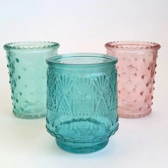 Vintage Shabby Chic Pink Sea Green and Aqua Blue Candle Glass Votives Set of 3 - Picture 1 of 11